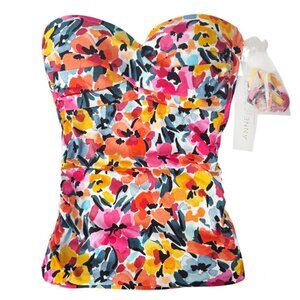 NWT ANNE COLE TWIST FRONT RUCHED BANDEAU TANKINI TOP SUNSET FLORAL RESORT SWIM M